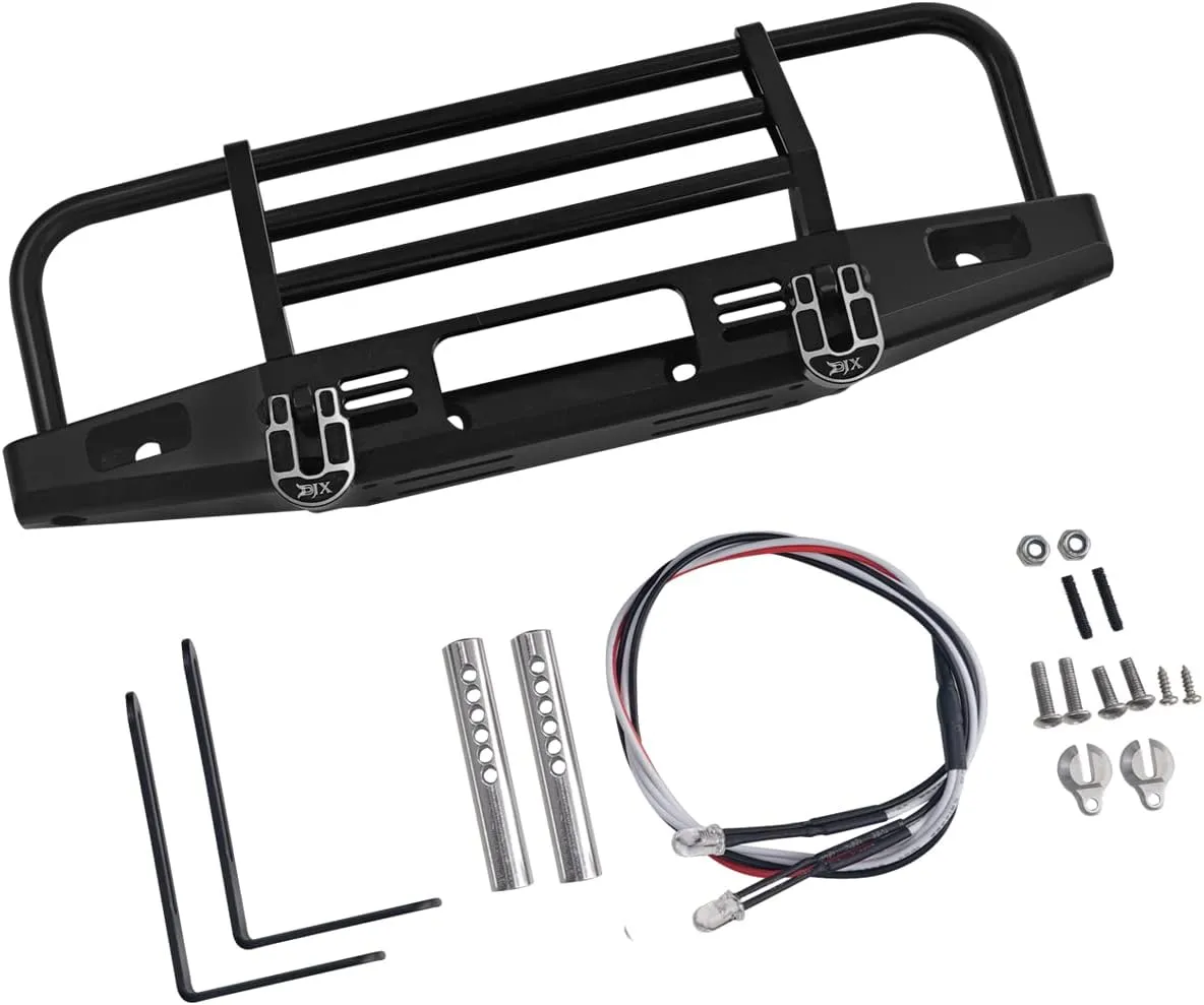 DJX CNC Aluminum Front Bumper with LED Headlights Tow Hook for 1/10 RC Crawler Car Traxxas TRX4 TRX-4 Defender Bronco Axial SCX10 90046 90047