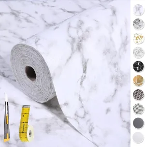 Drawer and Shelf Liner for Kitchen Cabinet: 12 in X 20 Ft Non Slip Waterproof Shelf Paper Non Adhesive Refrigerator Liners White Marble Easy Liners for Bathroom with Knife Tape Measure