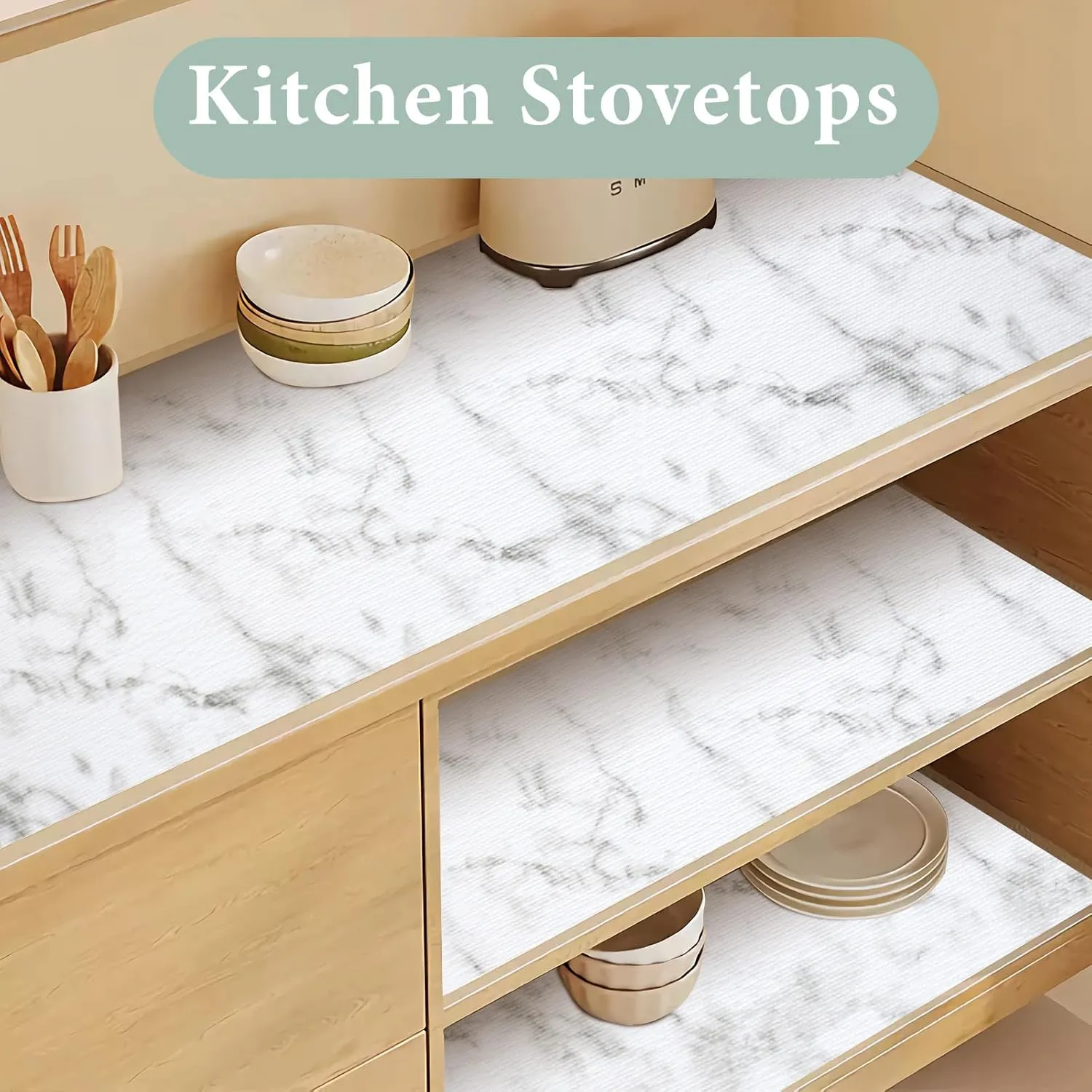 Drawer and Shelf Liner for Kitchen Cabinet: 12 in X 20 Ft Non Slip Waterproof Shelf Paper Non Adhesive Refrigerator Liners White Marble Easy Liners for Bathroom with Knife Tape Measure