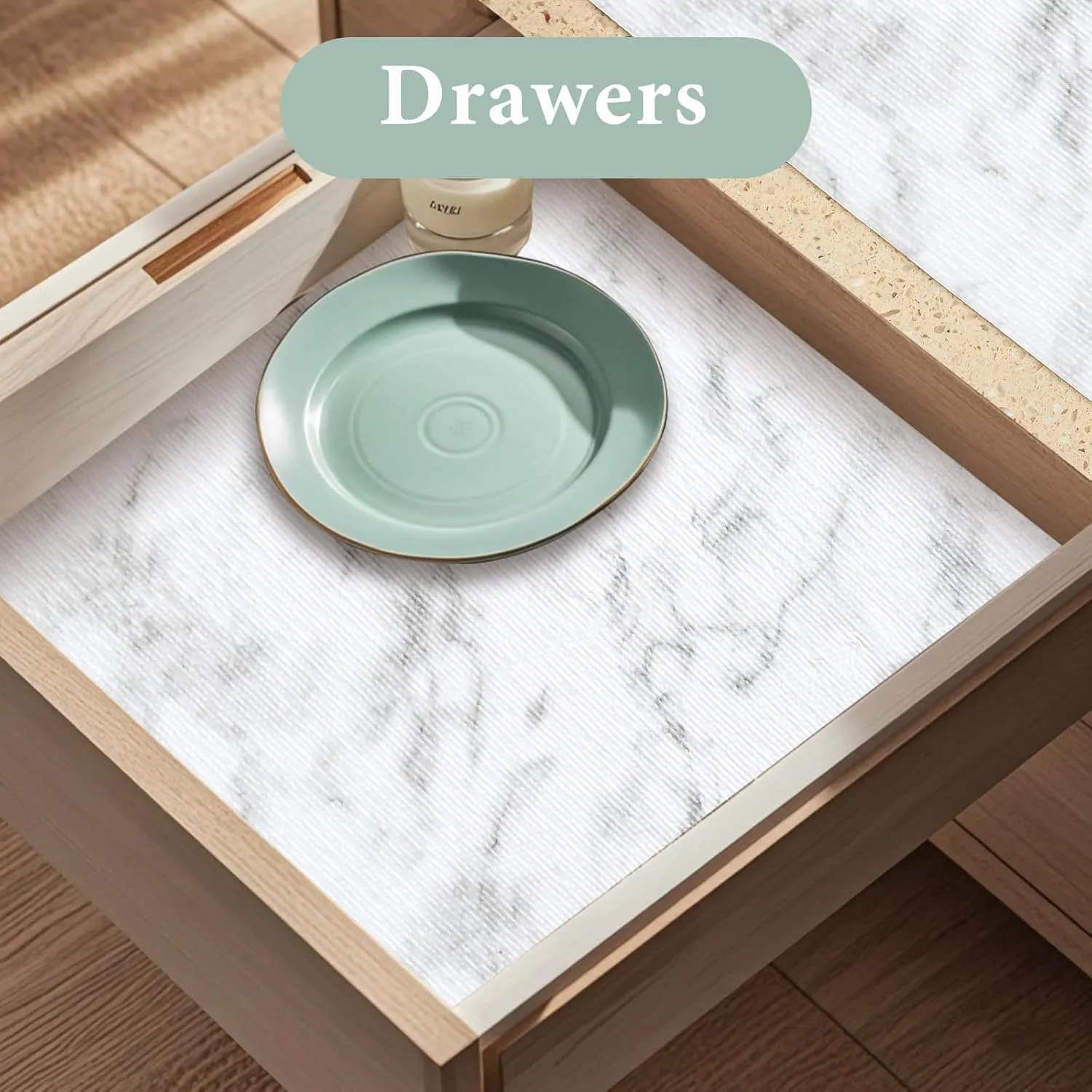 Drawer and Shelf Liner for Kitchen Cabinet: 12 in X 20 Ft Non Slip Waterproof Shelf Paper Non Adhesive Refrigerator Liners White Marble Easy Liners for Bathroom with Knife Tape Measure