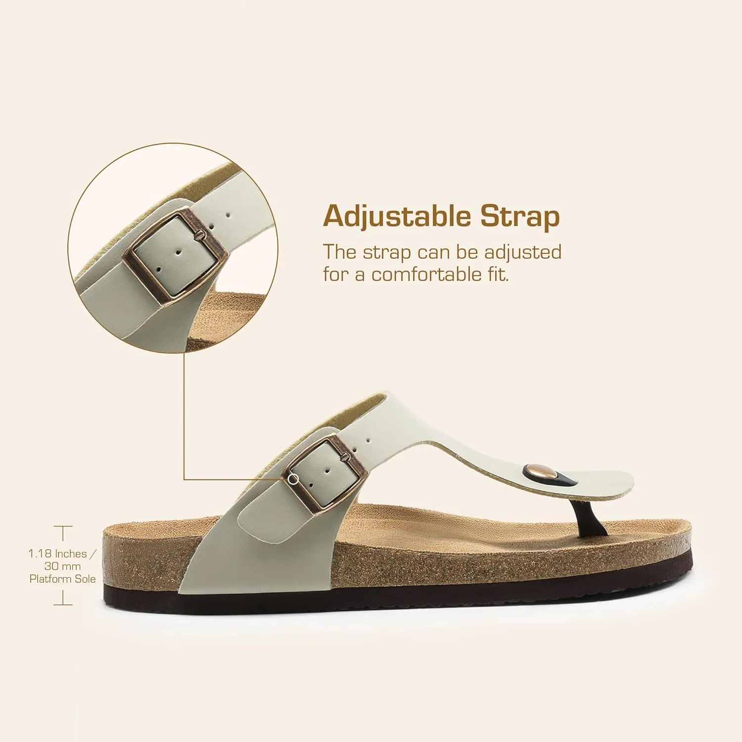 DREAM PAIRS Arch Support Thong Sandals for Women Casual Leather Flip Flops Dressy Slides with Soft Cork Footbed Adjustable Strap for Summer Beach Vacation
