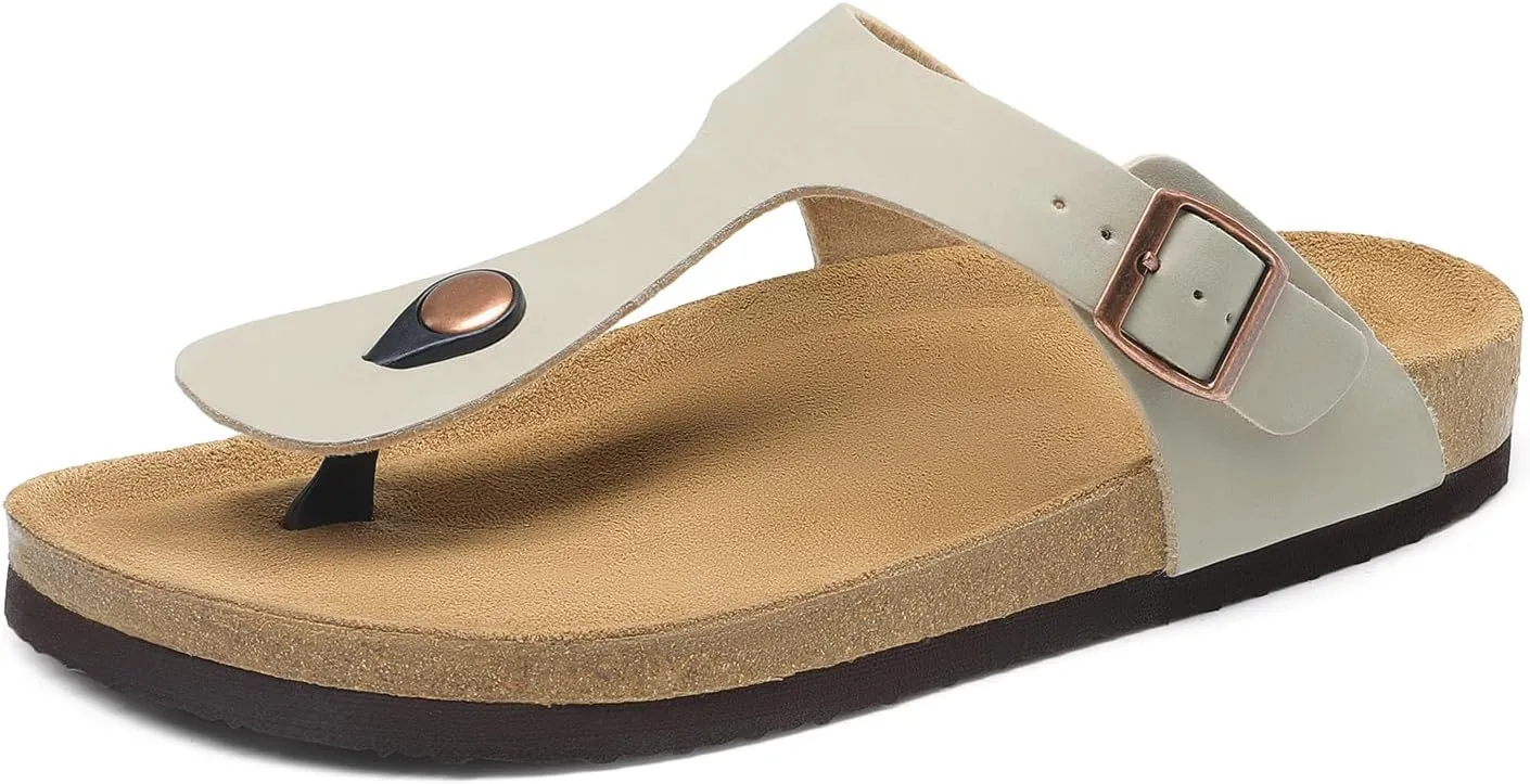 DREAM PAIRS Arch Support Thong Sandals for Women Casual Leather Flip Flops Dressy Slides with Soft Cork Footbed Adjustable Strap for Summer Beach Vacation