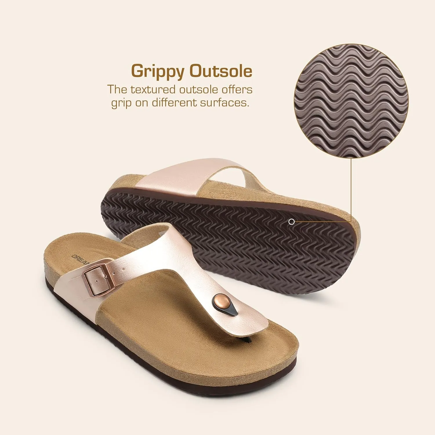 DREAM PAIRS Arch Support Thong Sandals for Women Casual Leather Flip Flops Dressy Slides with Soft Cork Footbed Adjustable Strap for Summer Beach Vacation