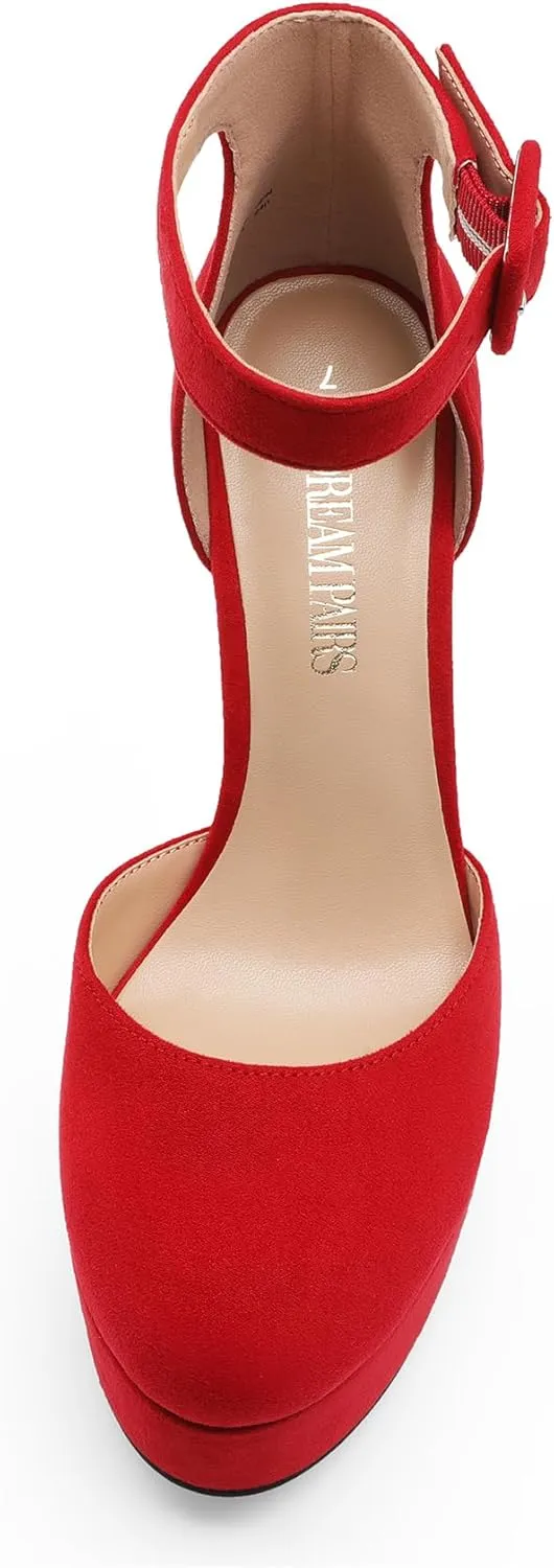 DREAM PAIRS Women's Platform High Chunky Heels Closed Toe Block Ankle Strap Dress Buckle Round Toe Wedding Party Comfortable Pumps Shoes