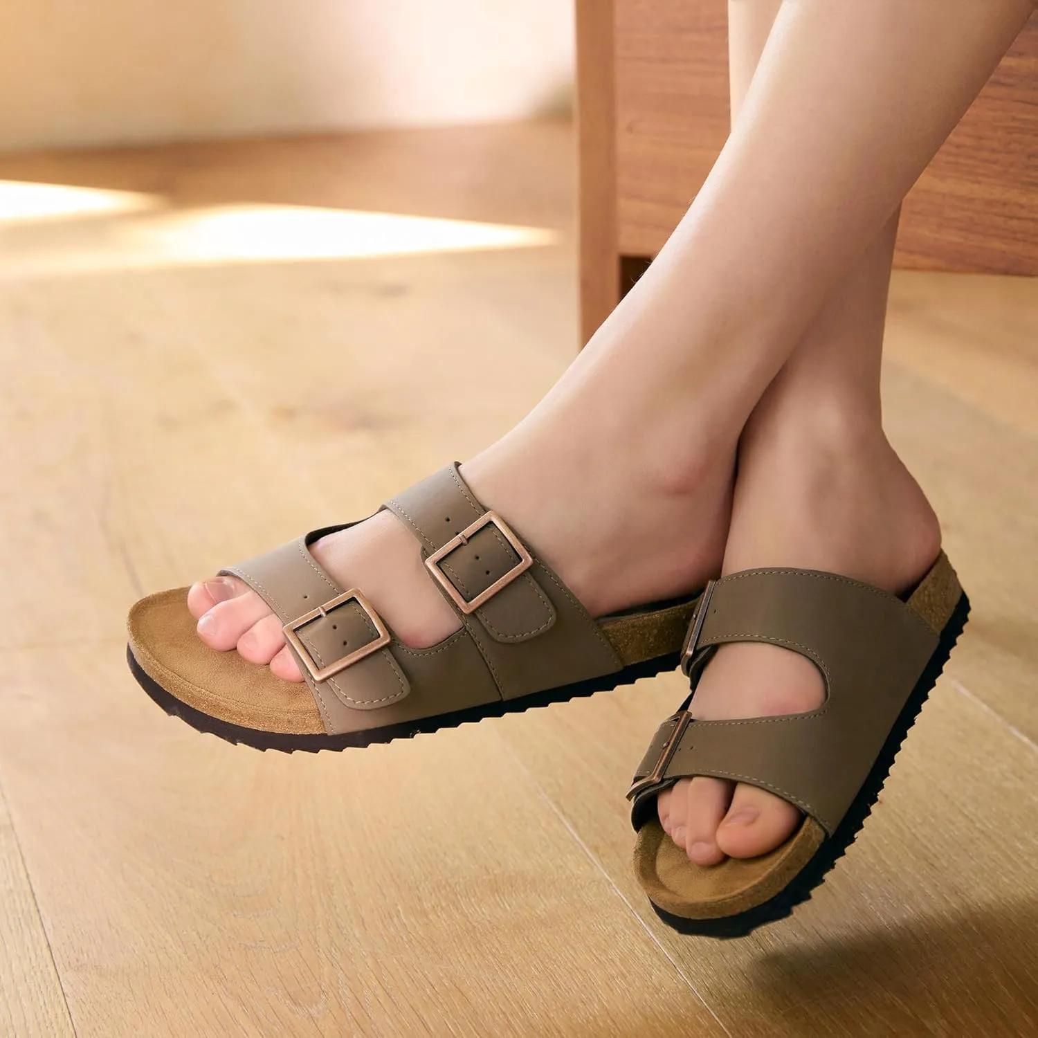 DREAM PAIRS Womens Slide Sandals Cork Footbed Open Toe Adjustable Flat Sandals Comfort Slip On Slippers for Summer