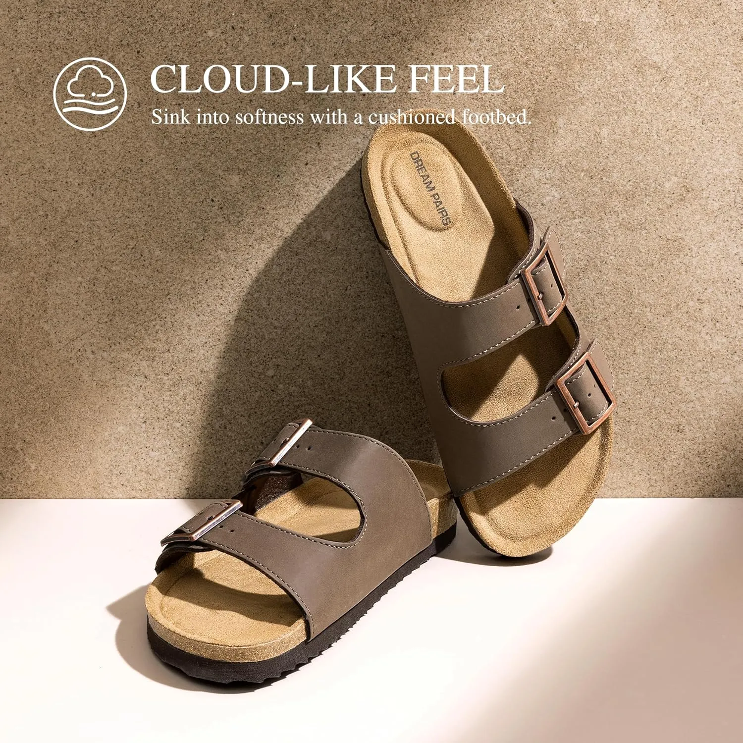 DREAM PAIRS Womens Slide Sandals Cork Footbed Open Toe Adjustable Flat Sandals Comfort Slip On Slippers for Summer