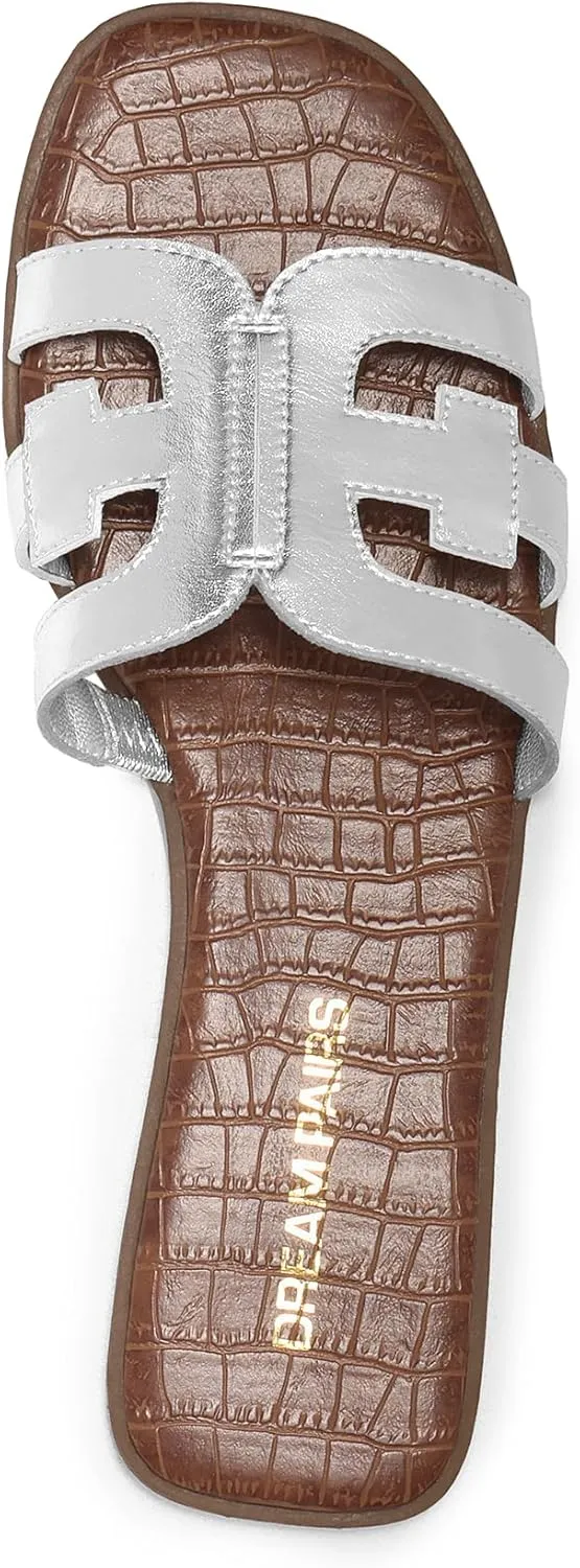 DREAM PAIRS Women's Slip-on Slides Open Toe Dressy Flat Slide Sandals Fashion Classic Summer Beach Slippers