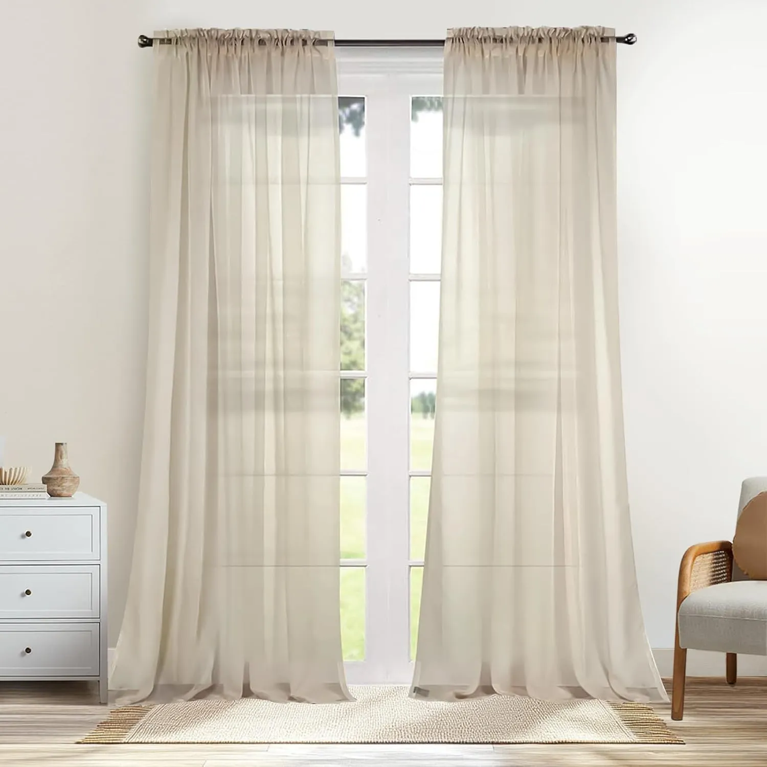 Dreaming Casa Solid Sheer Curtains 84 Inches Long Taupe Rod Pocket Voile Draperies for Bedroom Living Room, 2 Panels, Each 42" W x 84" L