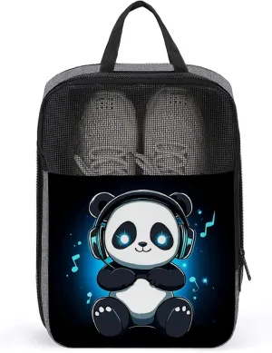 Dust Proof Shoe Bags Animal Headphones Music Cute Panda (2) for Travel, Gym, Sport, Travel Essentials Shoe Bags with Zipper Closure for Women and Men