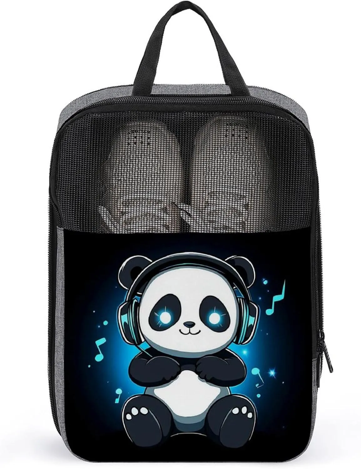 Dust Proof Shoe Bags Animal Headphones Music Cute Panda (2) for Travel, Gym, Sport, Travel Essentials Shoe Bags with Zipper Closure for Women and Men