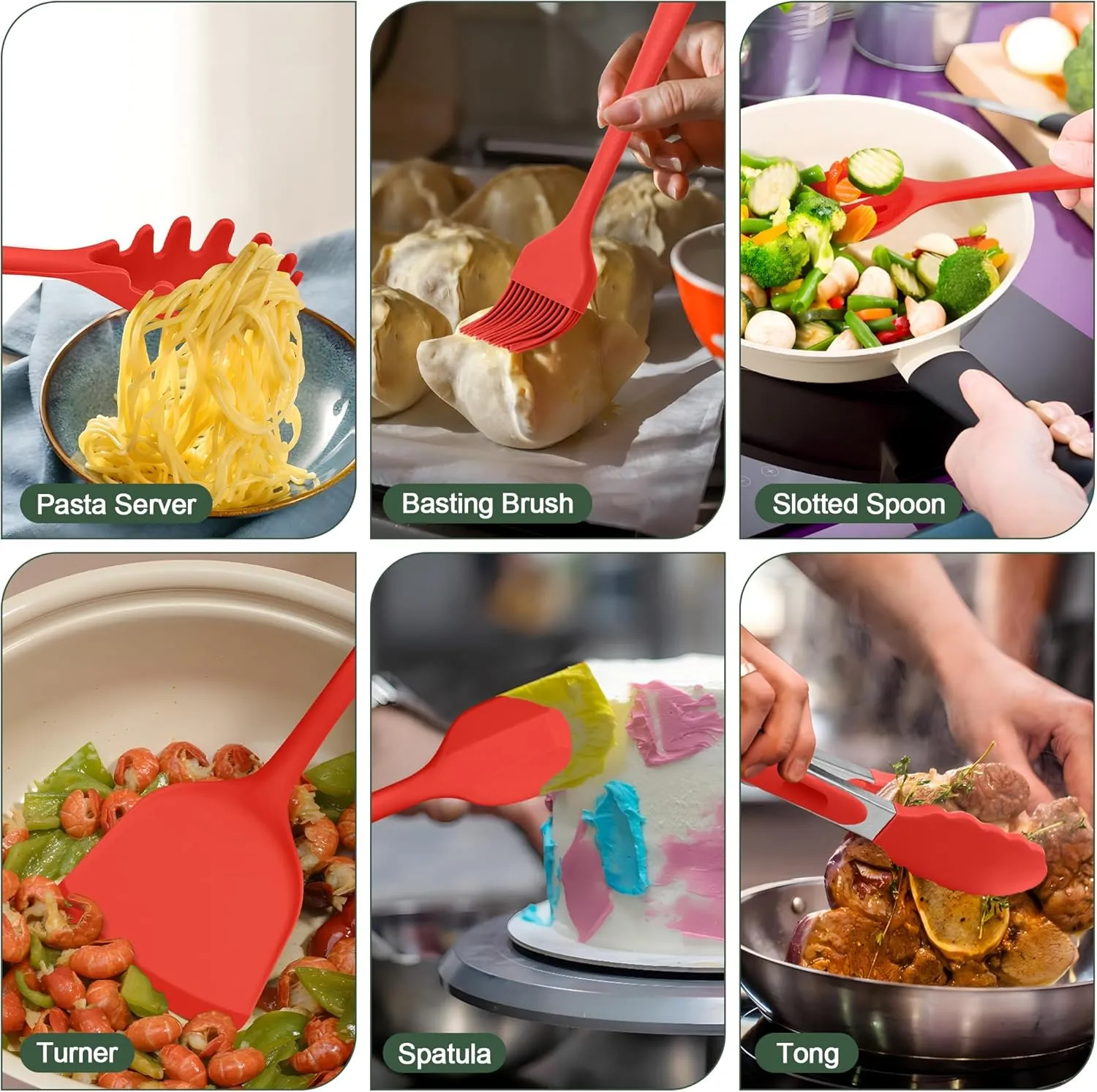 E-far Silicone Cooking Utensils Set, 25 Piece Kitchen Utensils with Holder, Non Toxic Kitchen Tools Spatula, Turner, Spoon, Ladle for Nonstick Cookware, Heat Resistant & Dishwasher Safe - Red