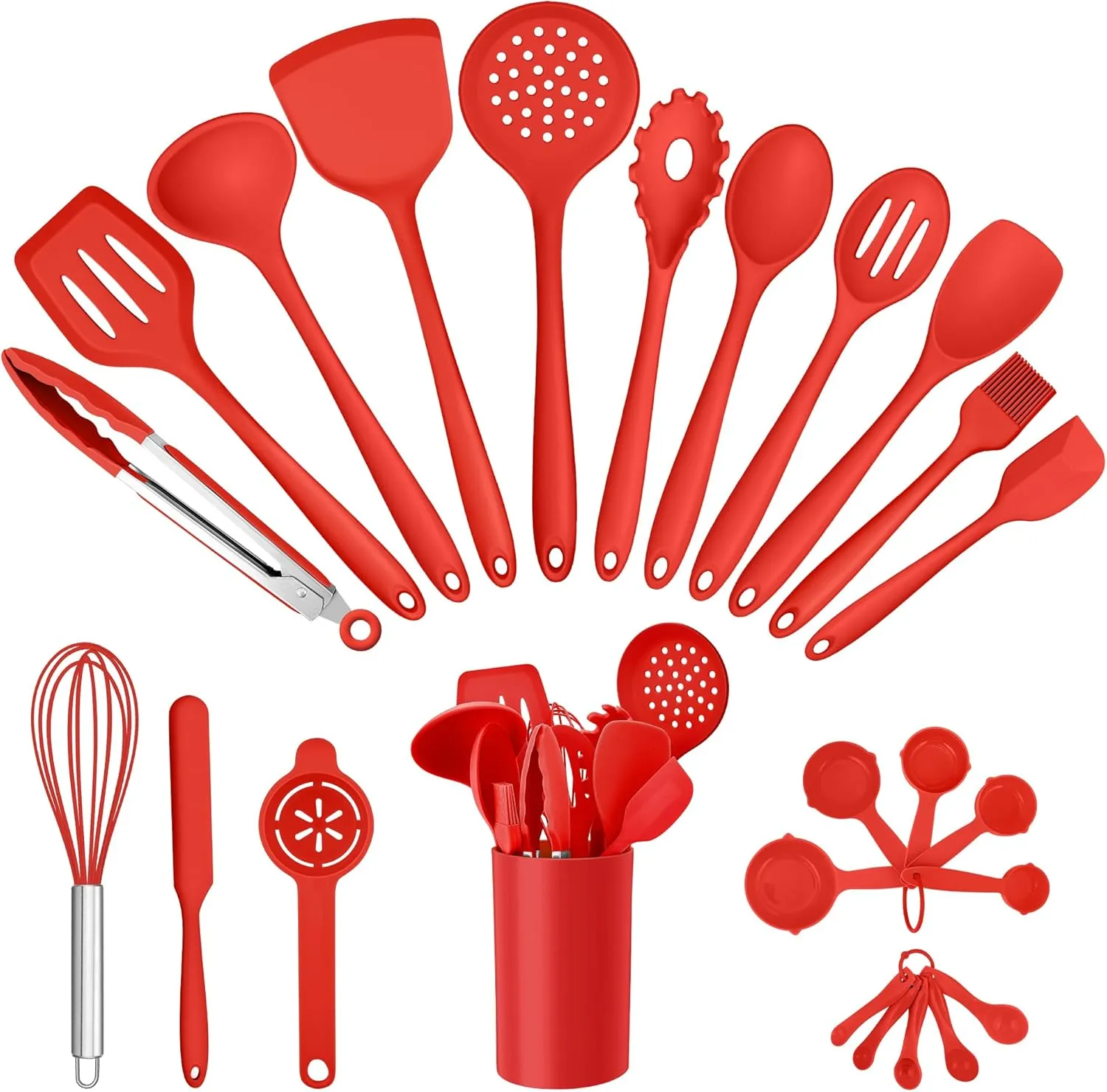 E-far Silicone Cooking Utensils Set, 25 Piece Kitchen Utensils with Holder, Non Toxic Kitchen Tools Spatula, Turner, Spoon, Ladle for Nonstick Cookware, Heat Resistant & Dishwasher Safe - Red
