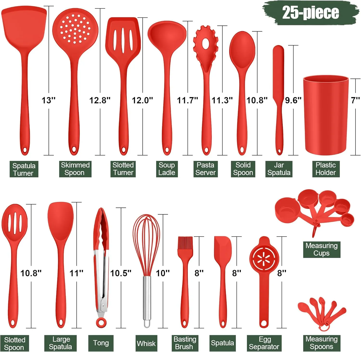 E-far Silicone Cooking Utensils Set, 25 Piece Kitchen Utensils with Holder, Non Toxic Kitchen Tools Spatula, Turner, Spoon, Ladle for Nonstick Cookware, Heat Resistant & Dishwasher Safe - Red