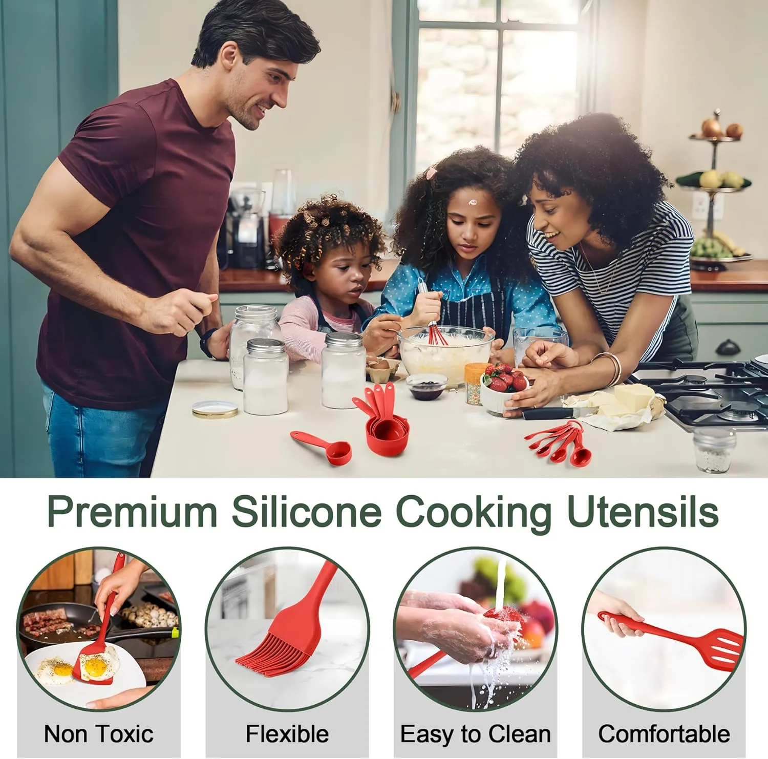 E-far Silicone Cooking Utensils Set, 25 Piece Kitchen Utensils with Holder, Non Toxic Kitchen Tools Spatula, Turner, Spoon, Ladle for Nonstick Cookware, Heat Resistant & Dishwasher Safe - Red