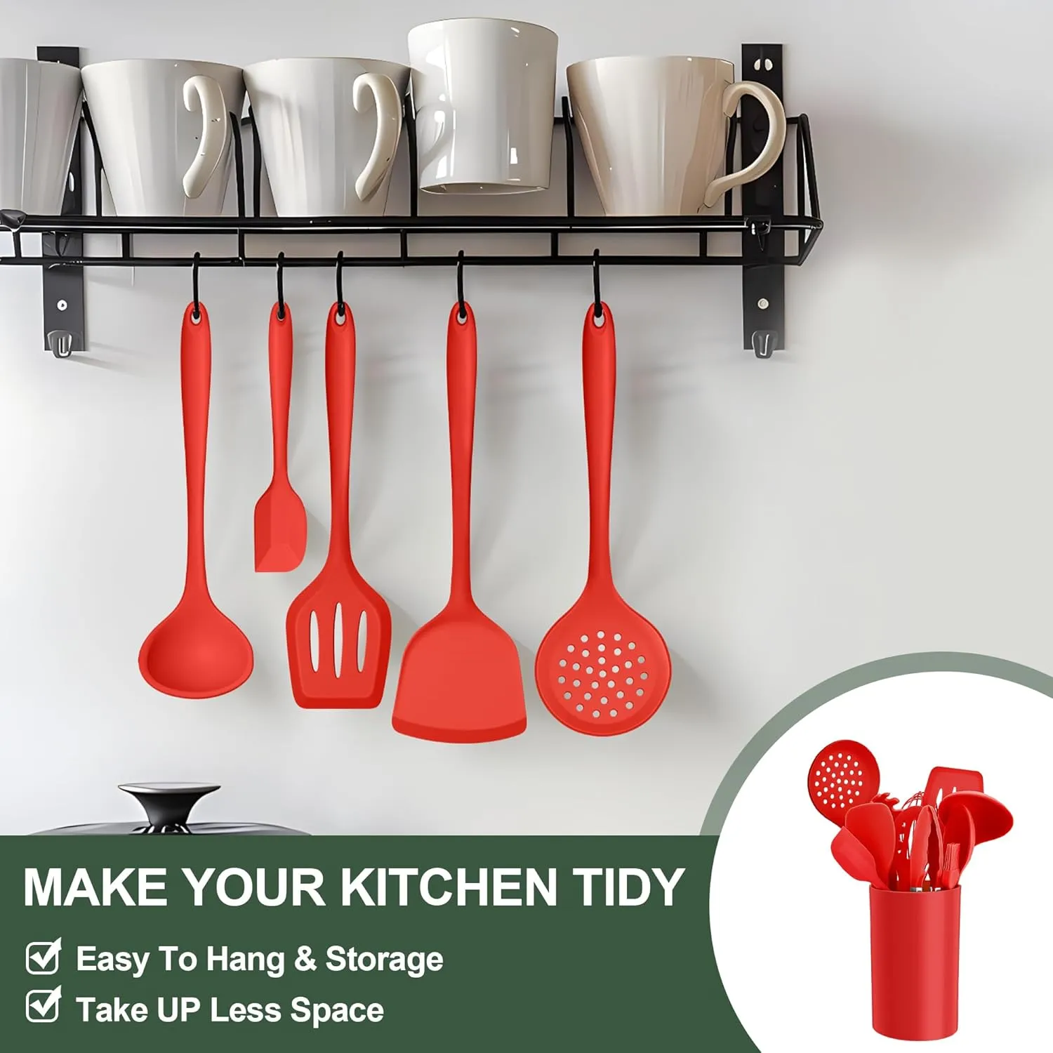 E-far Silicone Cooking Utensils Set, 25 Piece Kitchen Utensils with Holder, Non Toxic Kitchen Tools Spatula, Turner, Spoon, Ladle for Nonstick Cookware, Heat Resistant & Dishwasher Safe - Red