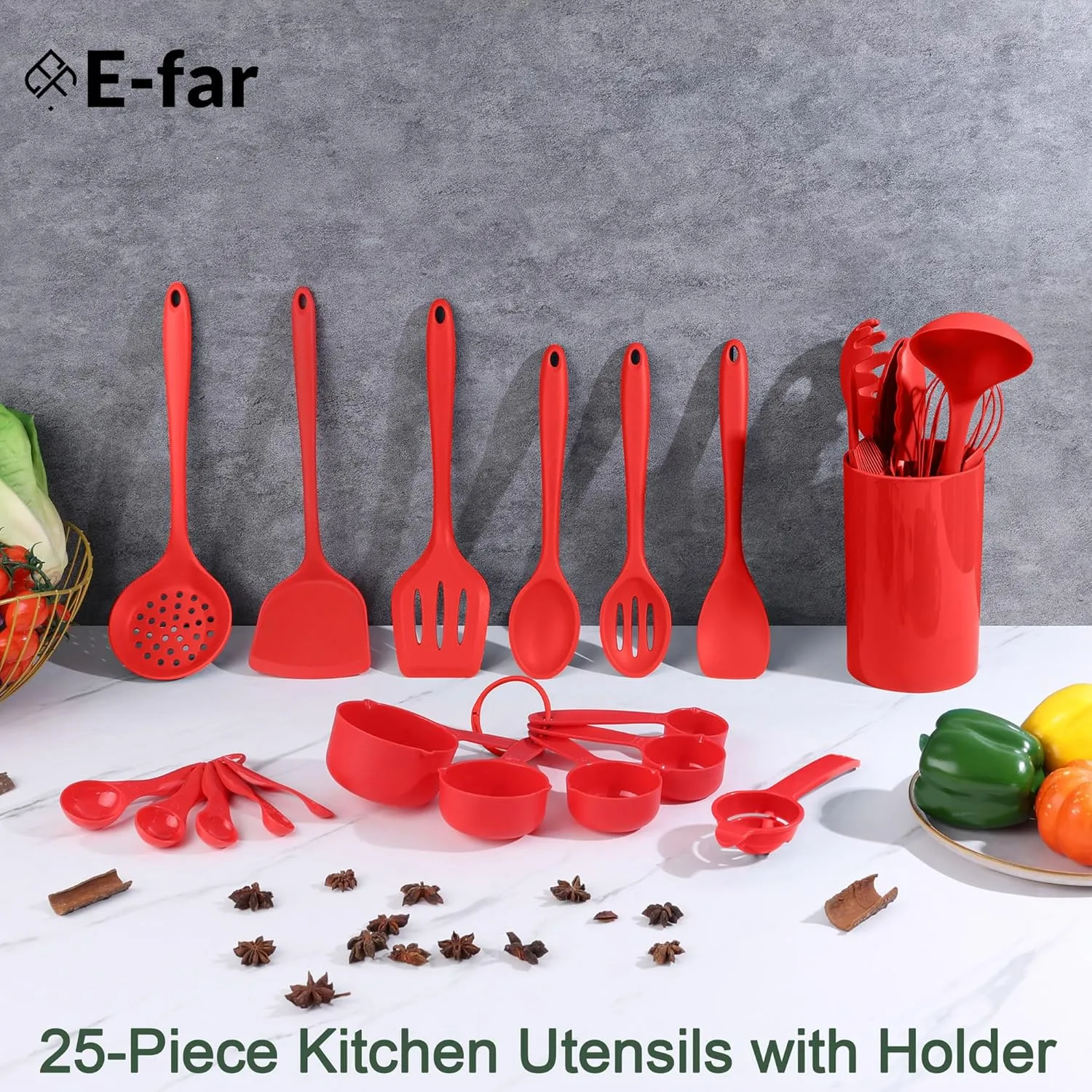 E-far Silicone Cooking Utensils Set, 25 Piece Kitchen Utensils with Holder, Non Toxic Kitchen Tools Spatula, Turner, Spoon, Ladle for Nonstick Cookware, Heat Resistant & Dishwasher Safe - Red