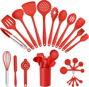 E-far Silicone Cooking Utensils Set, 25 Piece Kitchen Utensils with Holder, Non Toxic Kitchen Tools Spatula, Turner, Spoon, Ladle for Nonstick Cookware, Heat Resistant & Dishwasher Safe - Red