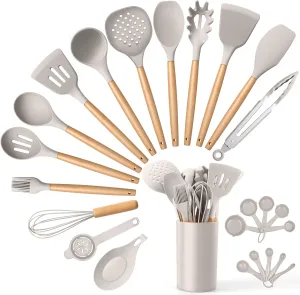 E-far Silicone Kitchen Utensils Set with Holder, 25-Piece Cooking Utensil Set with Wooden Handle for Nonstick Cookware, 446°F Heat Resistant Kitchen Tool Spatula Tong Whisk, Non-toxic & Healthy, Khaki