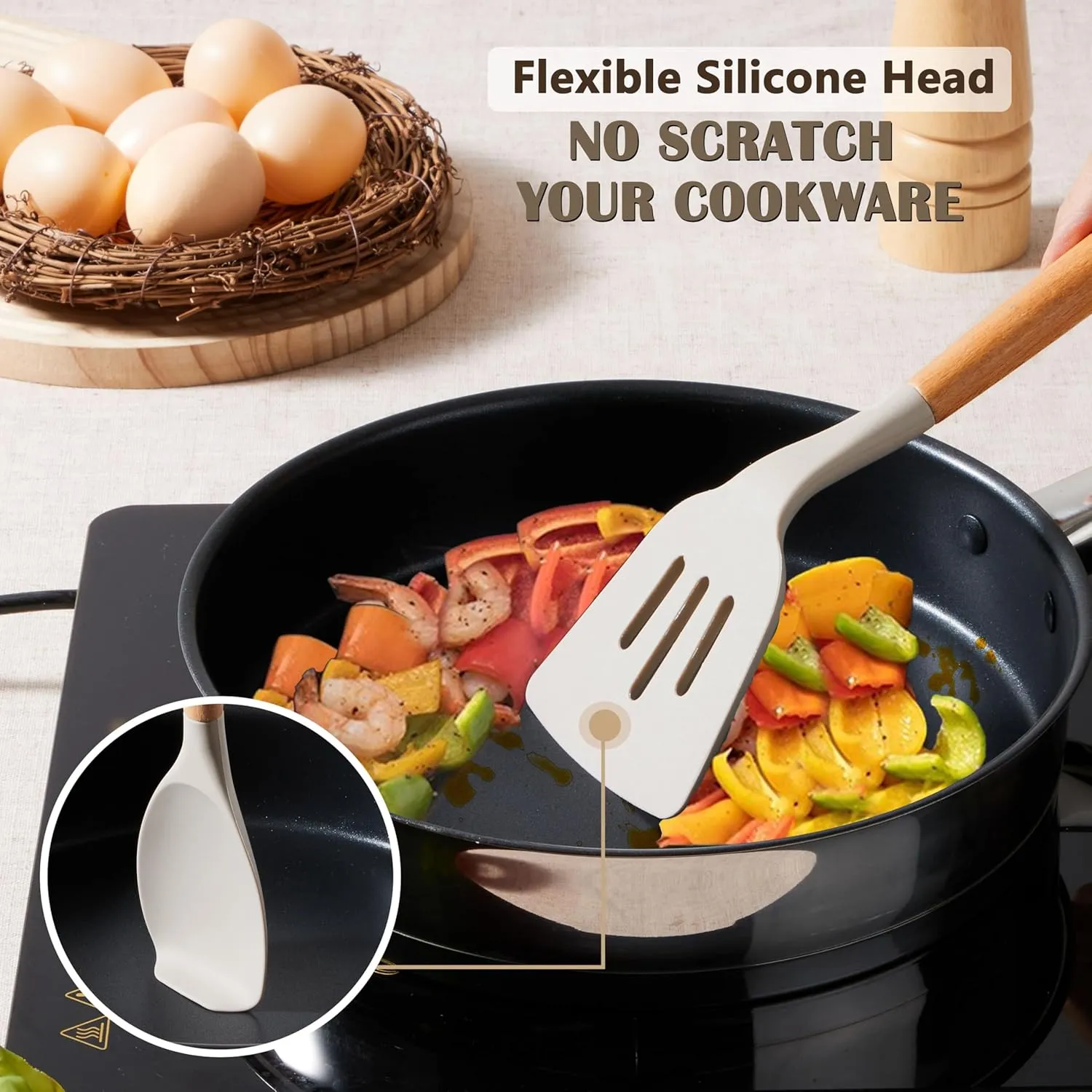 E-far Silicone Kitchen Utensils Set with Holder, 25-Piece Cooking Utensil Set with Wooden Handle for Nonstick Cookware, 446°F Heat Resistant Kitchen Tool Spatula Tong Whisk, Non-toxic & Healthy, Khaki