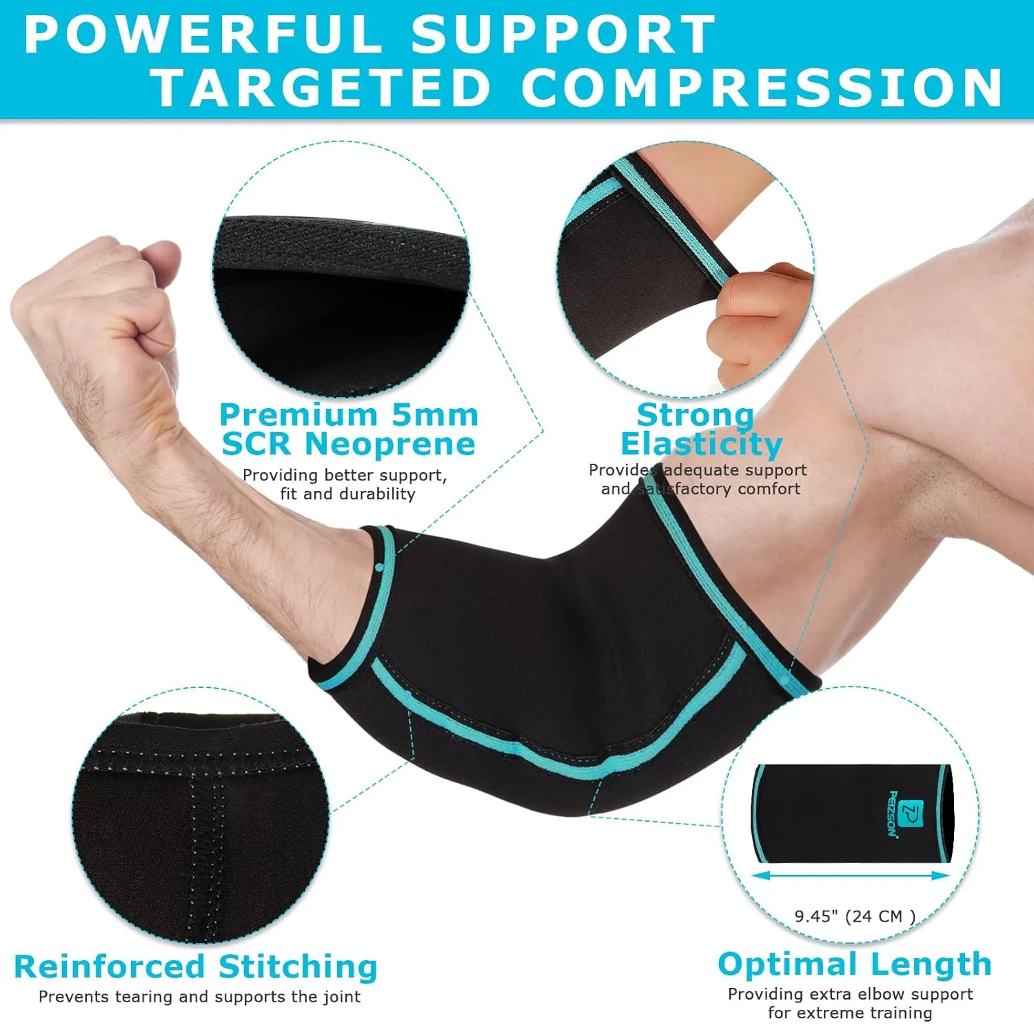 Elbow Compression Sleeve (1 Pair), Durable Elbow Sleeve Support for Weightlifting, Weight Training & Powerlifting, 5 MM SCR Neoprene Elbow Brace for Men and Women