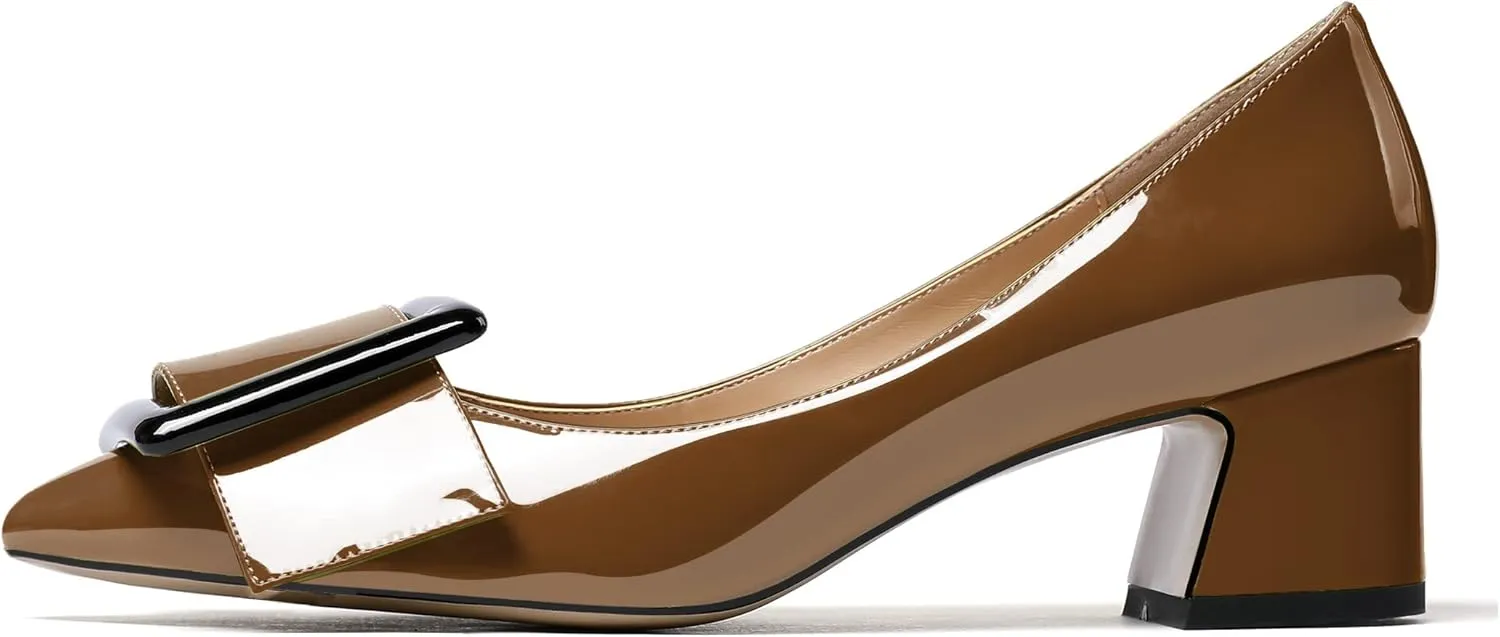 Eldof Pointed Toe Pumps,Classy 2 Inches Block Heel Chic Pumps, Confort Buckle Heel for Office Wedding Dress