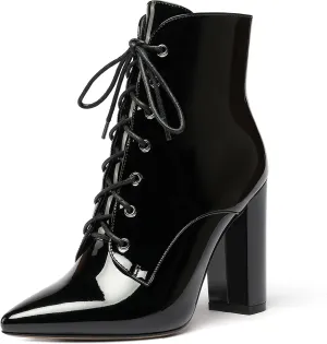 Eldof Women's Chunky Block 4 Inch High Heel Ankle Booties Pointed Toe Lace Up Side Zipper Chic Boots