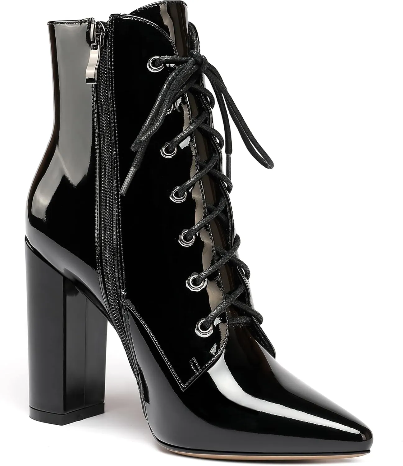 Eldof Women's Chunky Block 4 Inch High Heel Ankle Booties Pointed Toe Lace Up Side Zipper Chic Boots