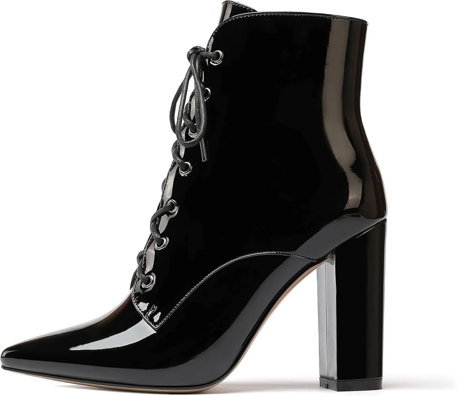 Eldof Women's Chunky Block 4 Inch High Heel Ankle Booties Pointed Toe Lace Up Side Zipper Chic Boots