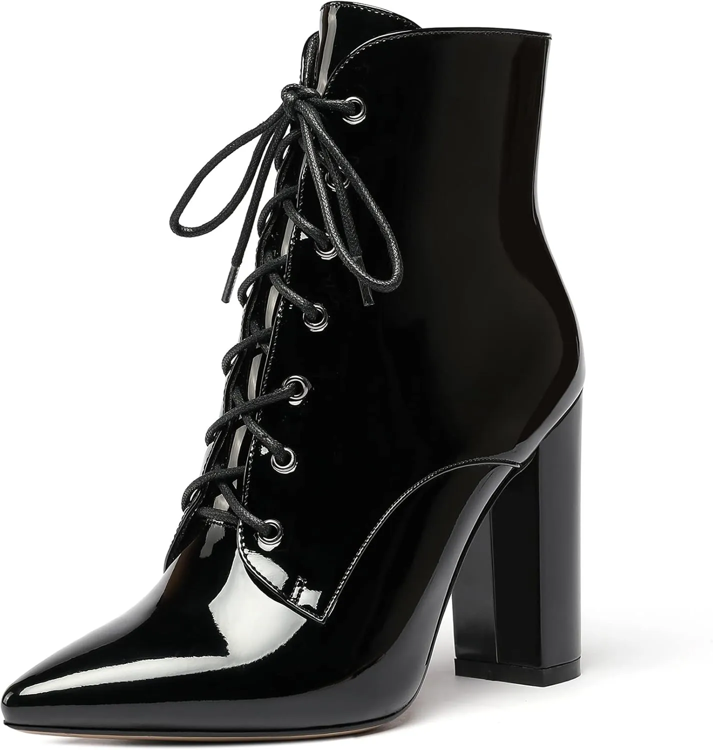 Eldof Women's Chunky Block 4 Inch High Heel Ankle Booties Pointed Toe Lace Up Side Zipper Chic Boots