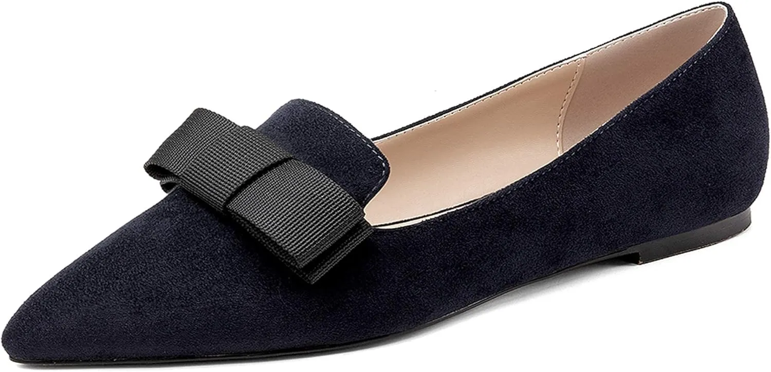 Eldof Women's Loafer Flat Pointed Toe Bow Tie Ballet Slip on Comfortable Dress Work Shoes