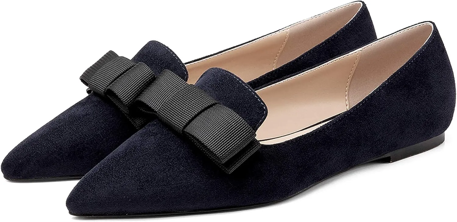 Eldof Women's Loafer Flat Pointed Toe Bow Tie Ballet Slip on Comfortable Dress Work Shoes