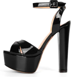 Eldof Women's Platform Sandals Peep Toe Chunky High Heels Ankle Straps Party Dress Casual Shoes 6 Inches