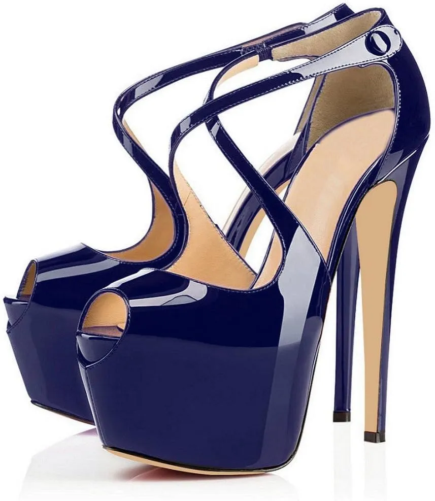 Eldof Women's Platform Stilettos Sandals with Cross Strap, Criss cross heels, 15cm High Heel Peep Toe Pumps
