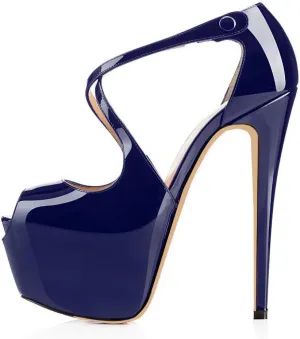 Eldof Women's Platform Stilettos Sandals with Cross Strap, Criss cross heels, 15cm High Heel Peep Toe Pumps