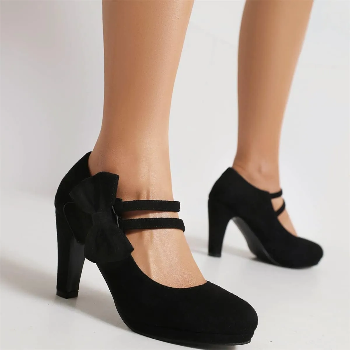 Elerhythm Women's Mary Jane Heels with Bow Retro Closed Round Toe Pumps Suede Chic Bowtie Vintage Gatsby Sweet Office Dress Daily Shoes