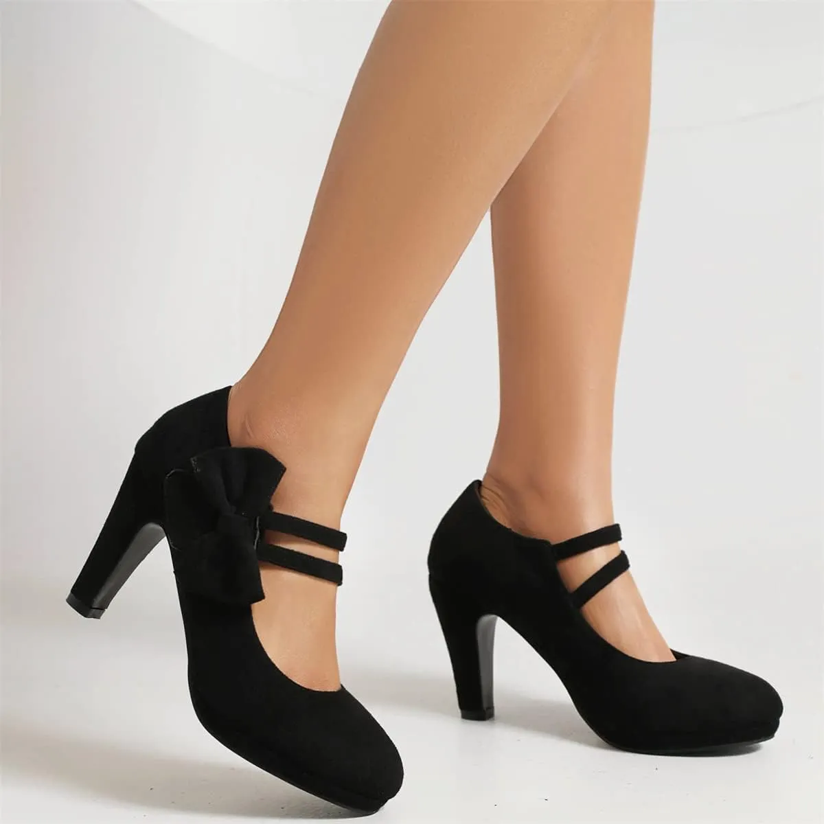 Elerhythm Women's Mary Jane Heels with Bow Retro Closed Round Toe Pumps Suede Chic Bowtie Vintage Gatsby Sweet Office Dress Daily Shoes