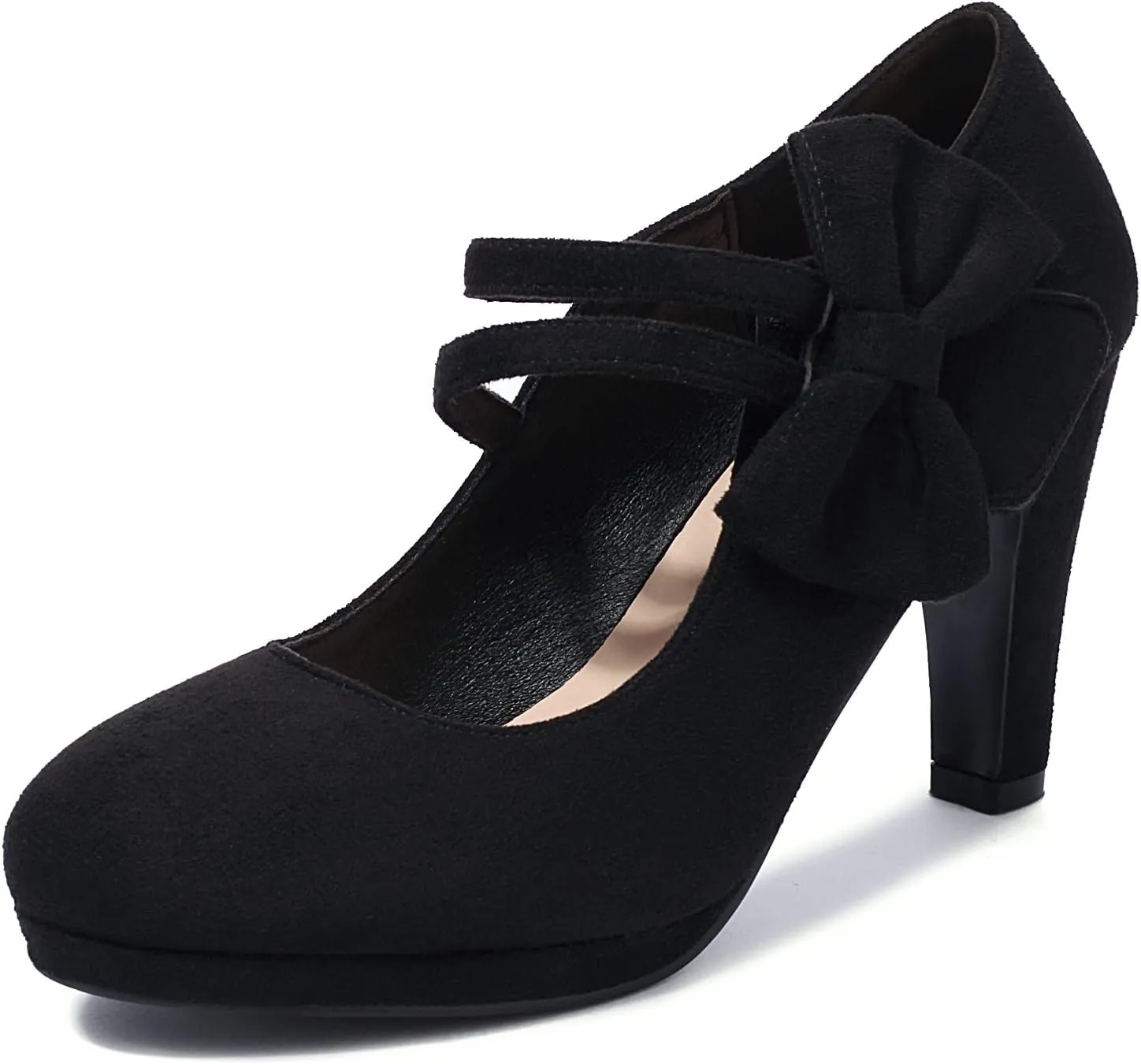 Elerhythm Women's Mary Jane Heels with Bow Retro Closed Round Toe Pumps Suede Chic Bowtie Vintage Gatsby Sweet Office Dress Daily Shoes