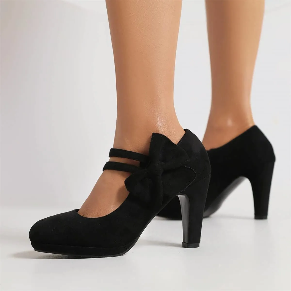 Elerhythm Women's Mary Jane Heels with Bow Retro Closed Round Toe Pumps Suede Chic Bowtie Vintage Gatsby Sweet Office Dress Daily Shoes