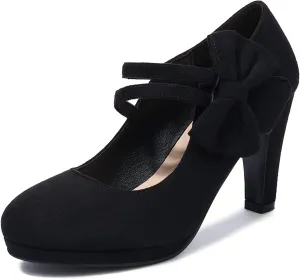 Elerhythm Women's Mary Jane Heels with Bow Retro Closed Round Toe Pumps Suede Chic Bowtie Vintage Gatsby Sweet Office Dress Daily Shoes