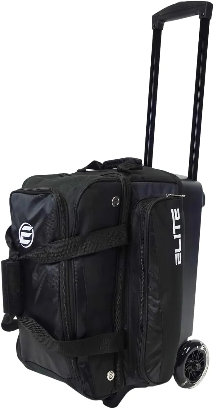 ELITE Deluxe 2 Ball Bowling Bag with 5" Smooth Wheels - Large Accessory Pocket, Shoe Compartment, 36" Extendable Handle