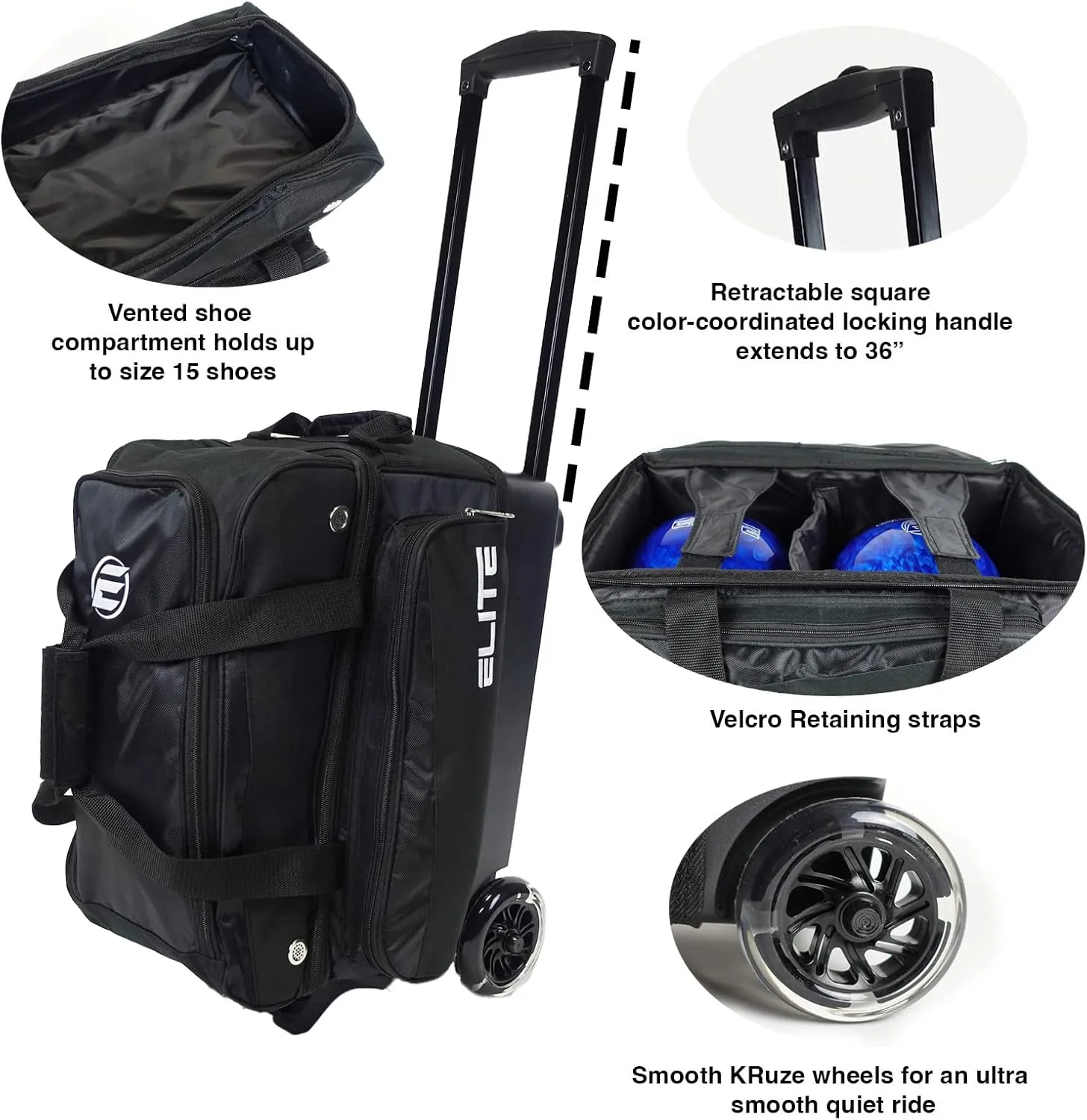 ELITE Deluxe 2 Ball Bowling Bag with 5" Smooth Wheels - Large Accessory Pocket, Shoe Compartment, 36" Extendable Handle