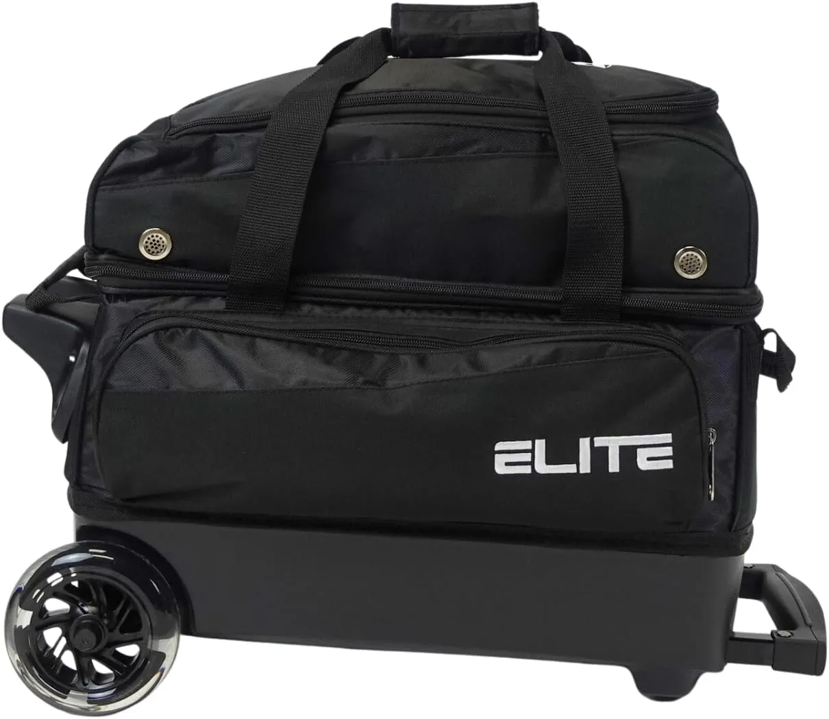 ELITE Deluxe 2 Ball Bowling Bag with 5" Smooth Wheels - Large Accessory Pocket, Shoe Compartment, 36" Extendable Handle