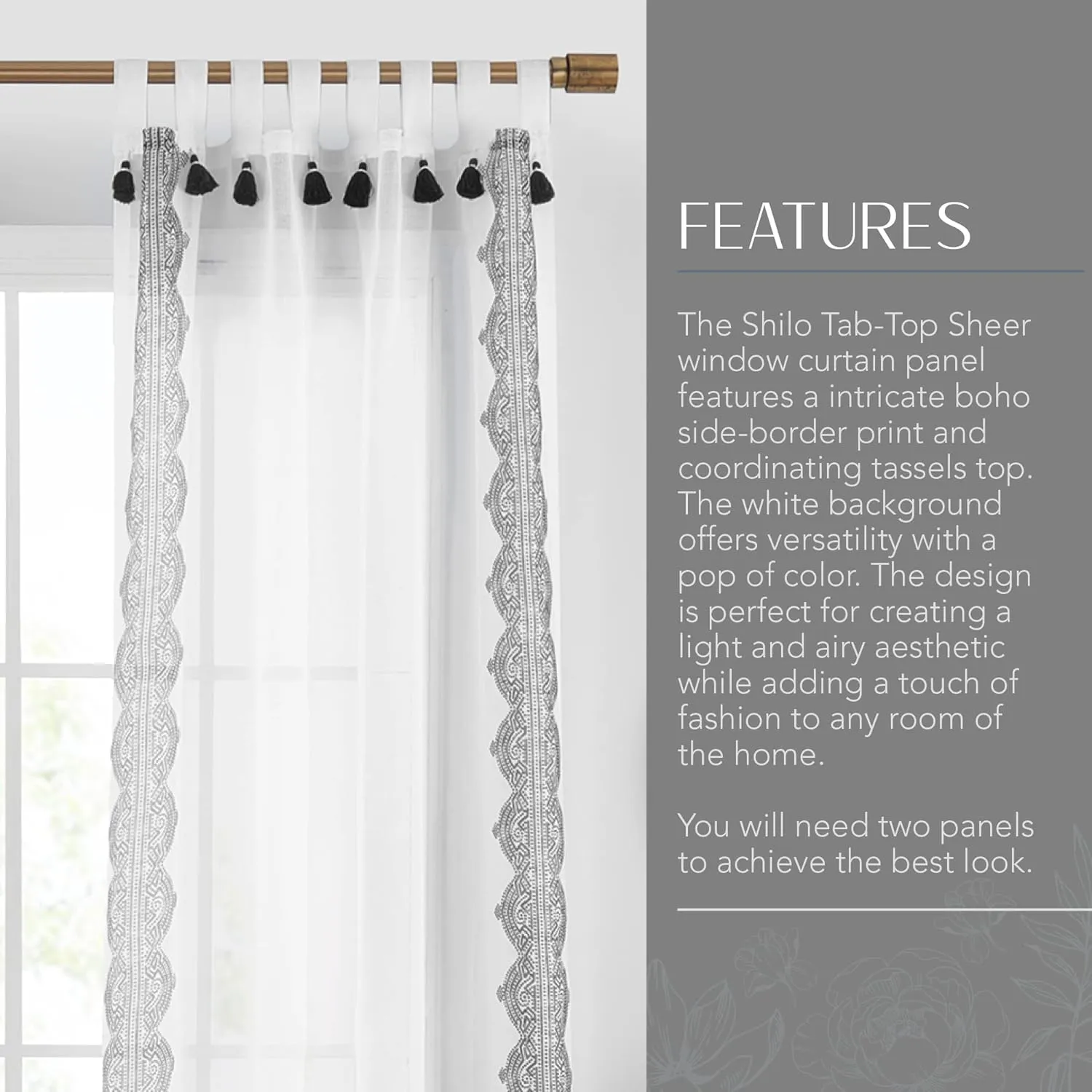 Elrene Home Fashions Shilo Sheer Boho Tab-Top Window Curtain Panel with Tassels, Black, (52 X 84)