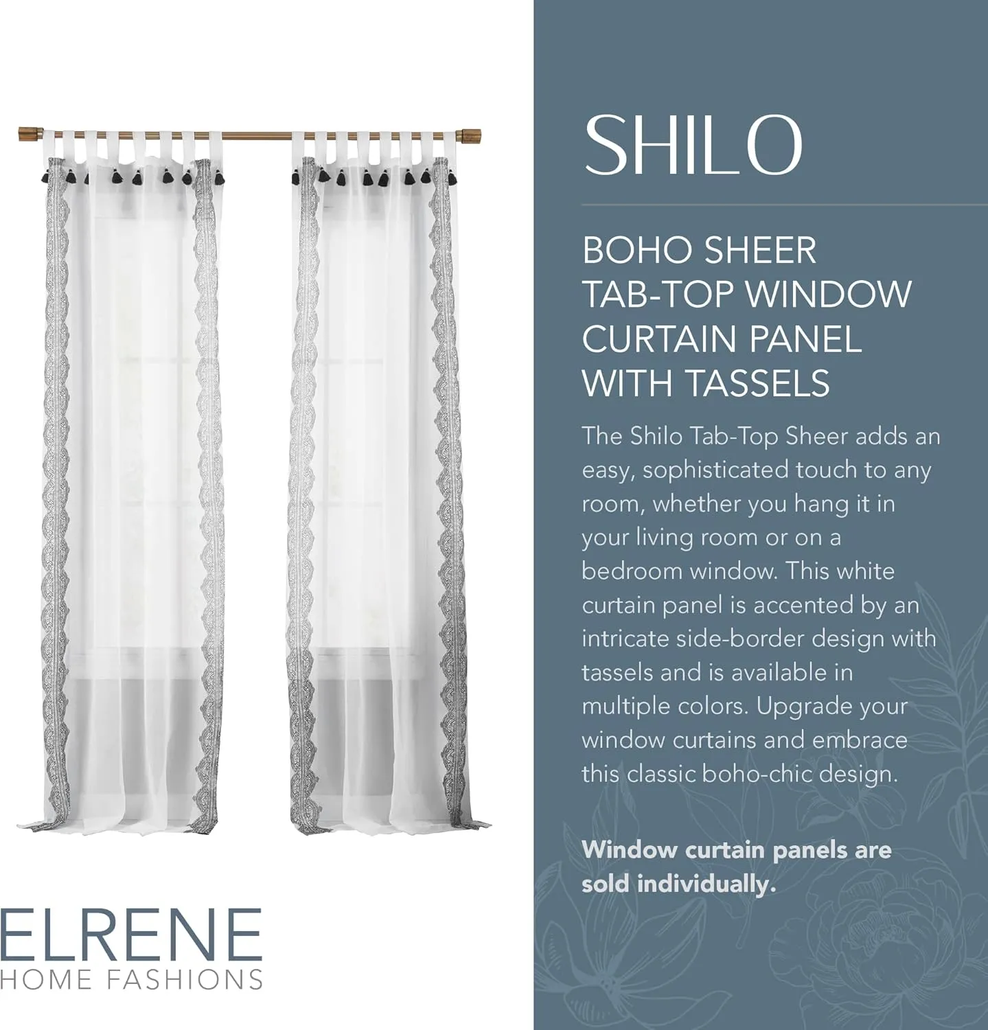 Elrene Home Fashions Shilo Sheer Boho Tab-Top Window Curtain Panel with Tassels, Black, (52 X 84)