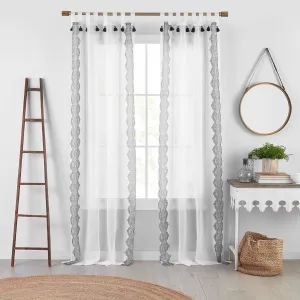 Elrene Home Fashions Shilo Sheer Boho Tab-Top Window Curtain Panel with Tassels, Black, (52 X 84)