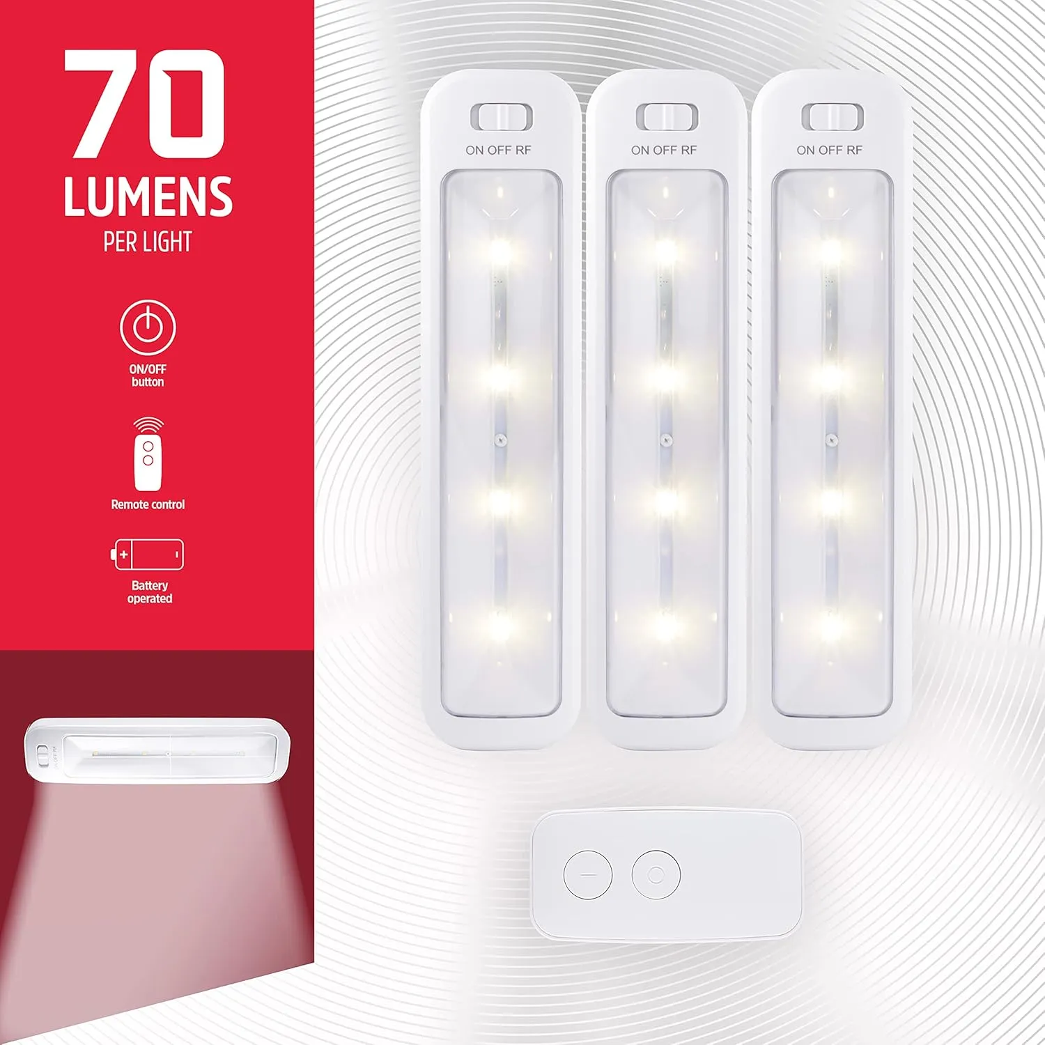 Energizer Wireless 10in. LED Bars, 3 Pack, Remote Controlled, 70 Lumens Each, Soft White, Battery Operated, No Wiring, Easy to Install, Add Light Where You Need It Most, 44575