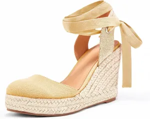 Ermonn Womens Espadrilles Wedge Sandals Platform Closed Toe Ankle Strap Lace Up Summer Shoes