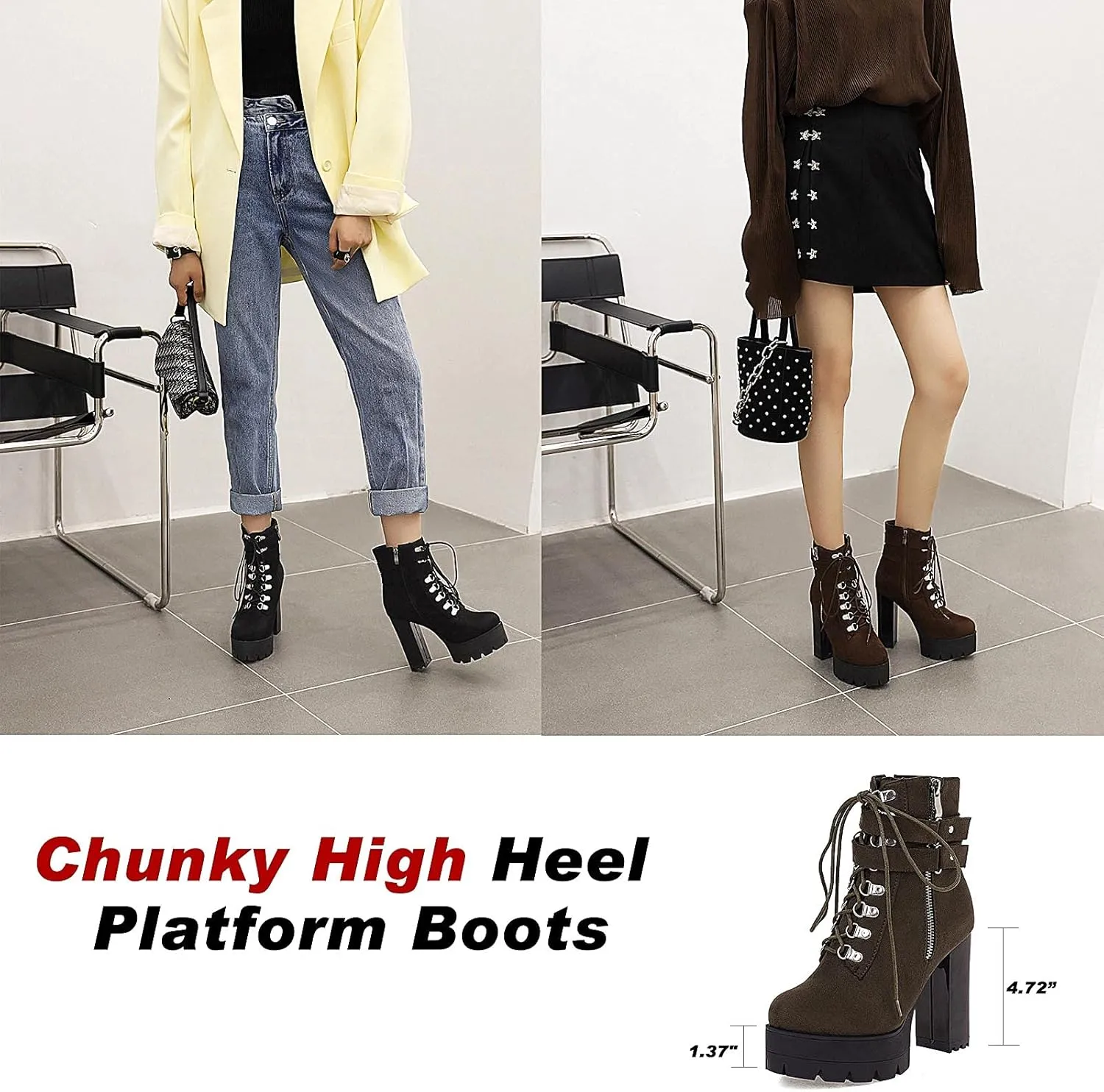 Erocalli Lace up Chunky Heel Ankle Booties for Women Block High Heel Platform Combat Boots