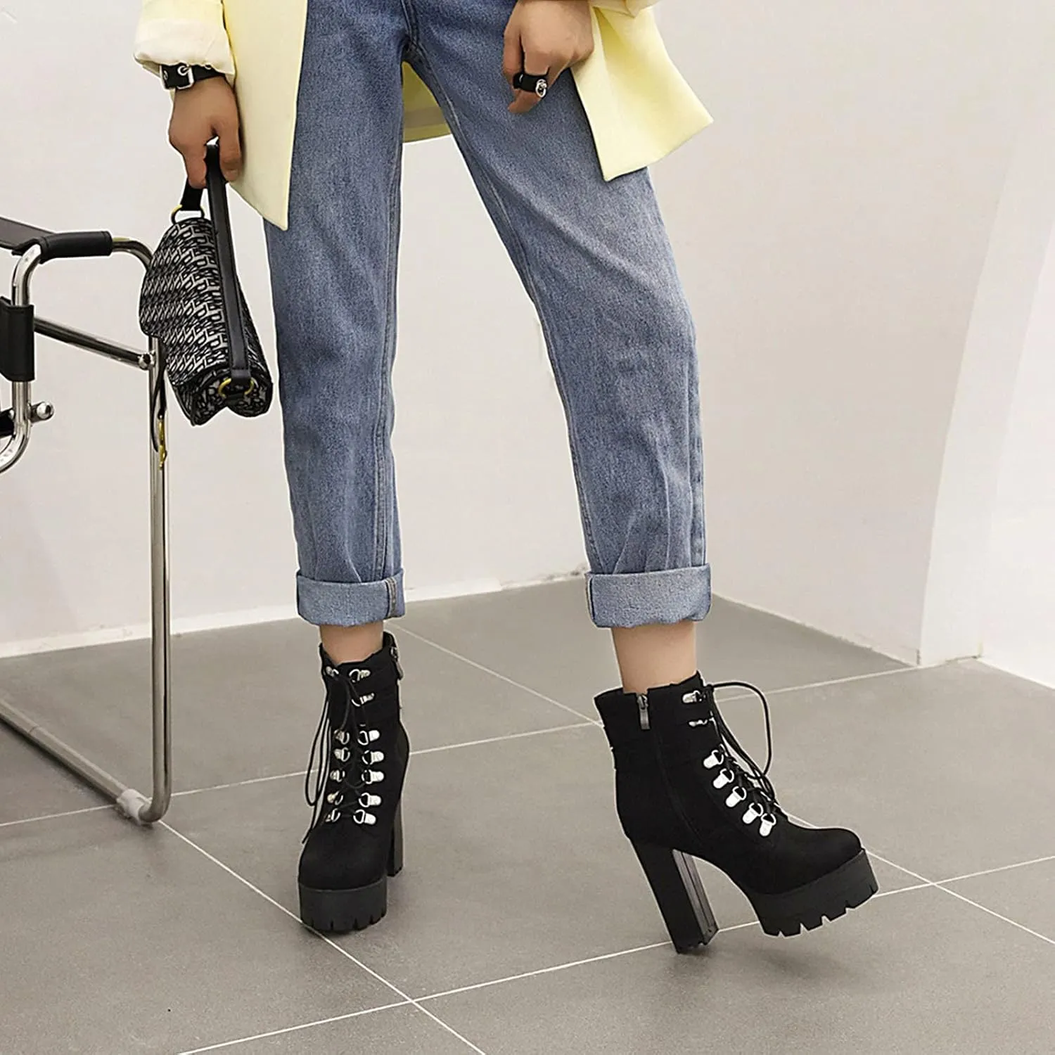 Erocalli Lace up Chunky Heel Ankle Booties for Women Block High Heel Platform Combat Boots
