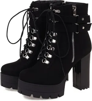 Erocalli Lace up Chunky Heel Ankle Booties for Women Block High Heel Platform Combat Boots